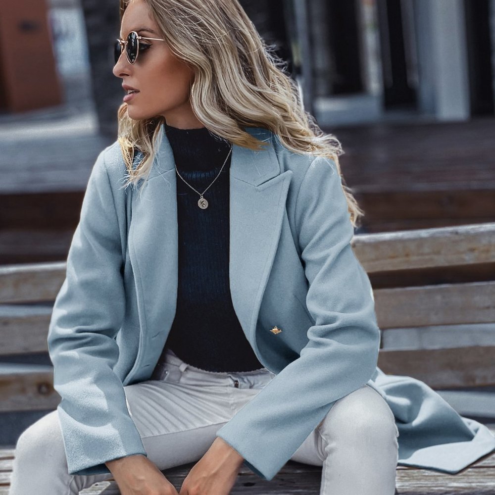 New Lapel Collar Double Breasted Overcoat Dusty Blue - Picture 5 of 6